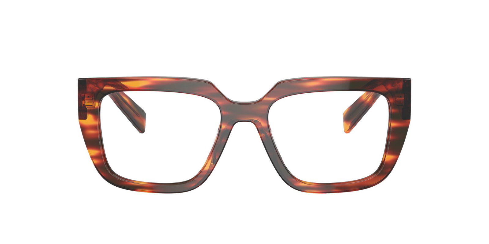 Das Bild zeigt die Prada Brille A03V in Havana rot von vorne.